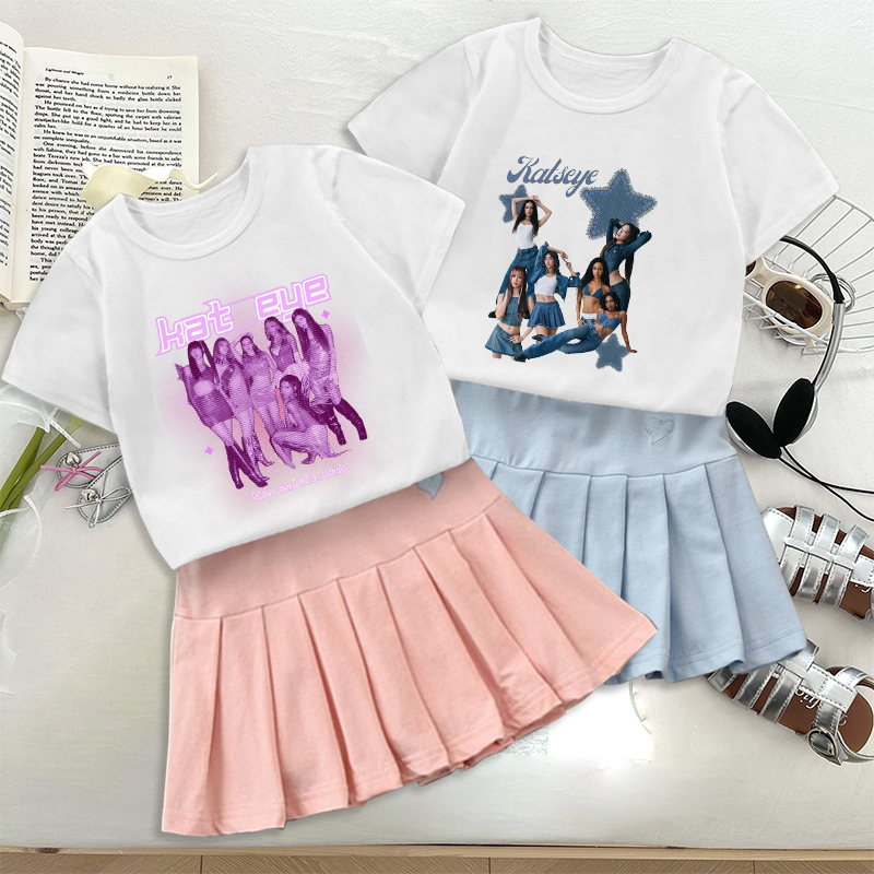 Embroidery Shirt - 패션 K-POP K-캣아이 티셔츠 플리츠 스커트