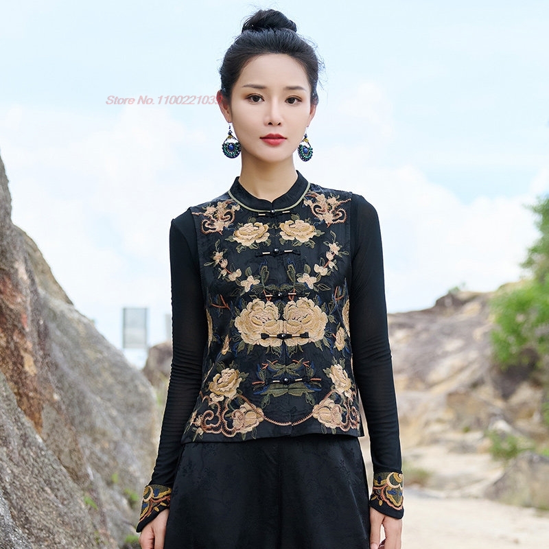 Embroidery Cotton - 2026 중국 빈티지 민속 조끼 새틴