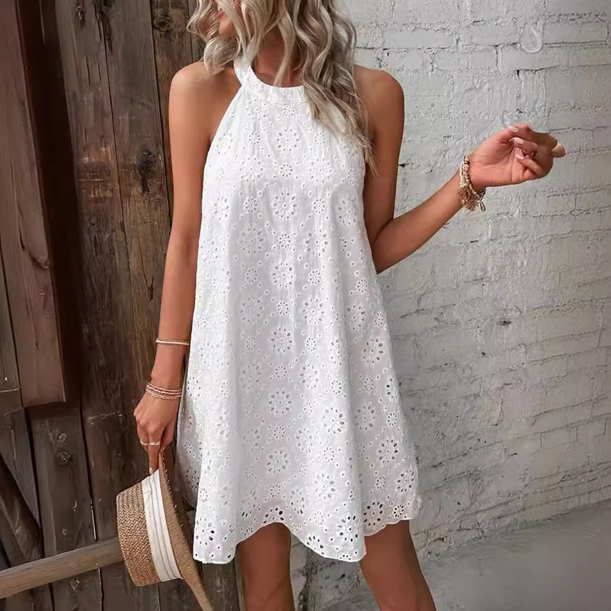 Embroidery Eyelet - 여름 코튼 아일렛 홀터 드레스, 루즈핏