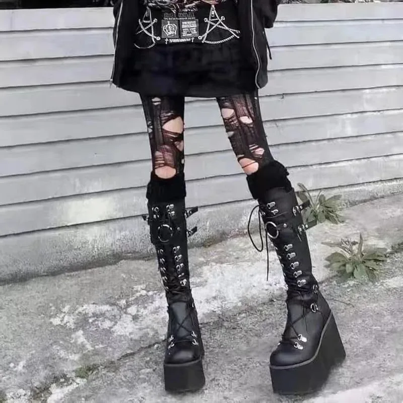 Embroidery Cotton - 여성용 펑크 고딕 플랫폼 부츠 코스프레