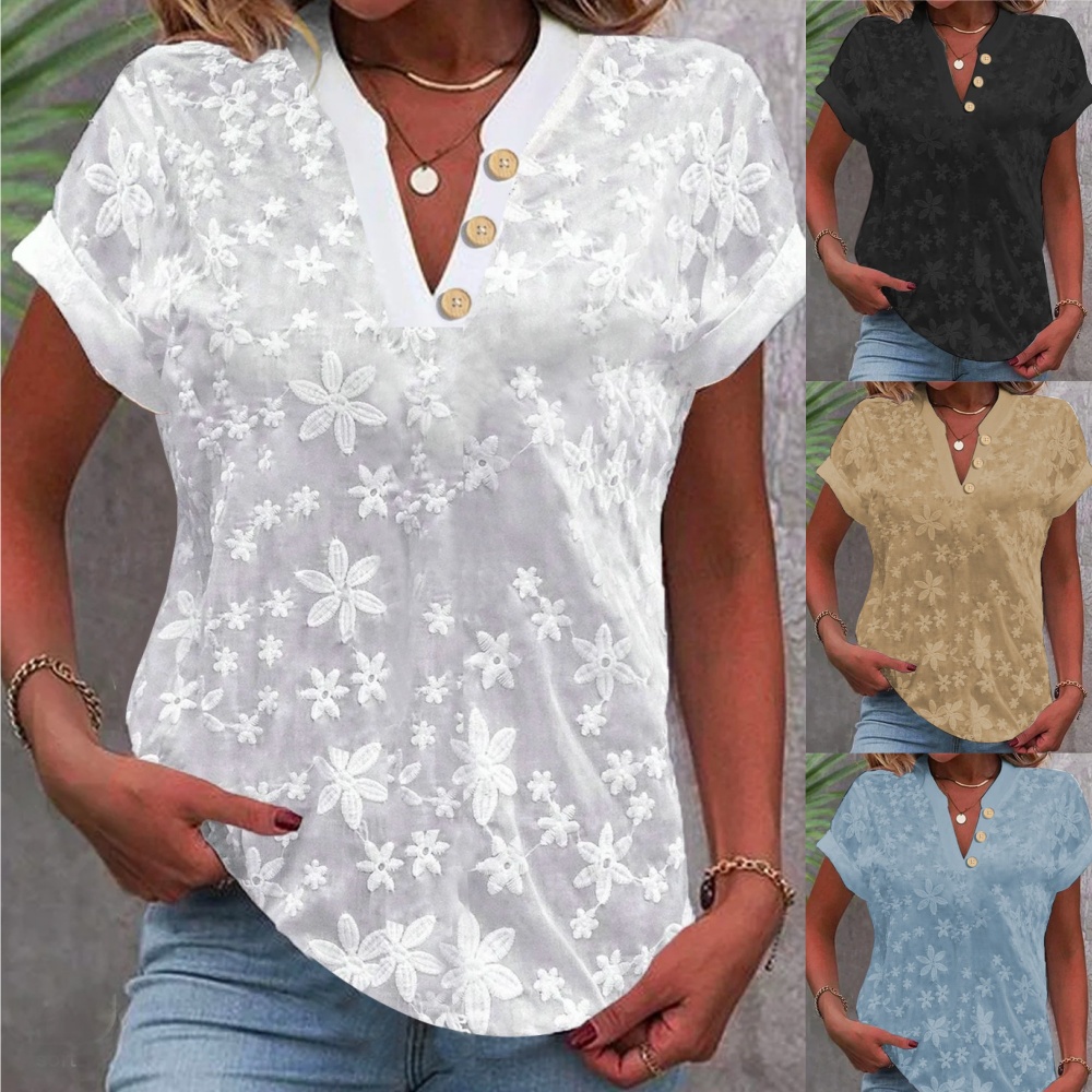 Embroidery Eyelet - 자른 셔츠 흰색 레이스 블라우스 아일렛