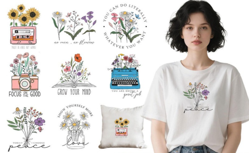 Embroidery Tshirt - 만화 꽃무늬 열전사 스티커 티셔츠 DIY