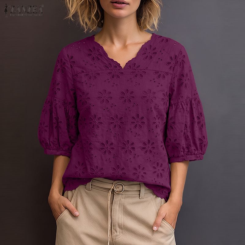 Embroidery Eyelet - ZANZEA 2026 아일렛 자수 블라우스 여성