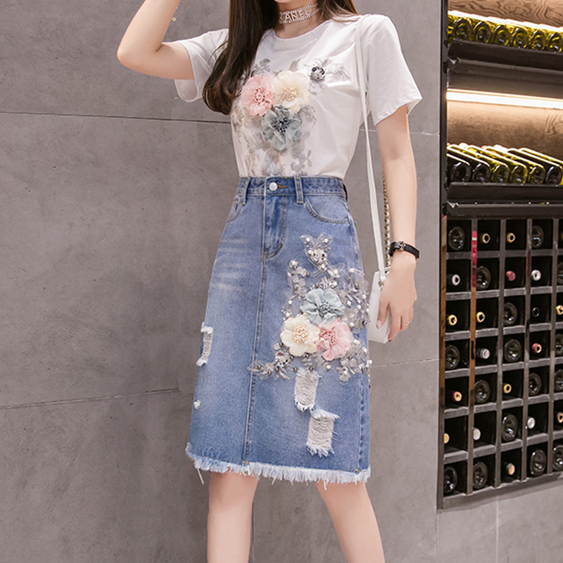 Embroidery Tshirt - 여성 무거운 작업 자수 3D 꽃