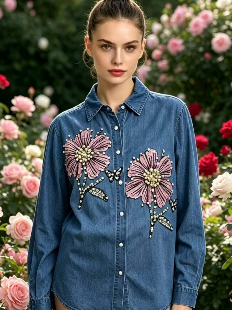 Embroidery Shirt - 여성 데님 자수 블라우스 봄 가을
