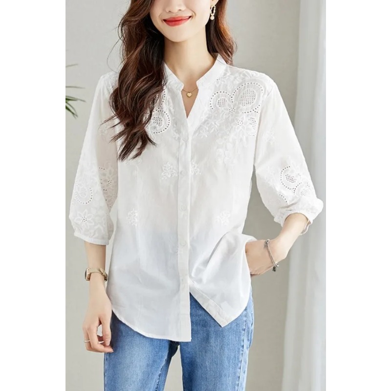 Embroidery Eyelet - 여성용 화이트 아일렛 자수 블라우스, 스탠드