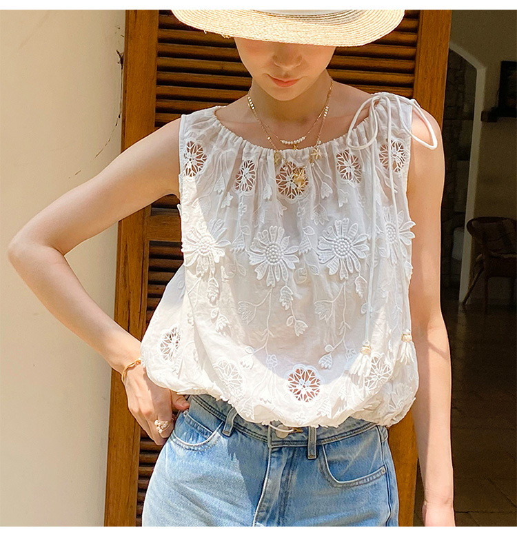 Embroidery Eyelet - 프랑스 스타일 보헤미안 자수 블라우스 셔츠