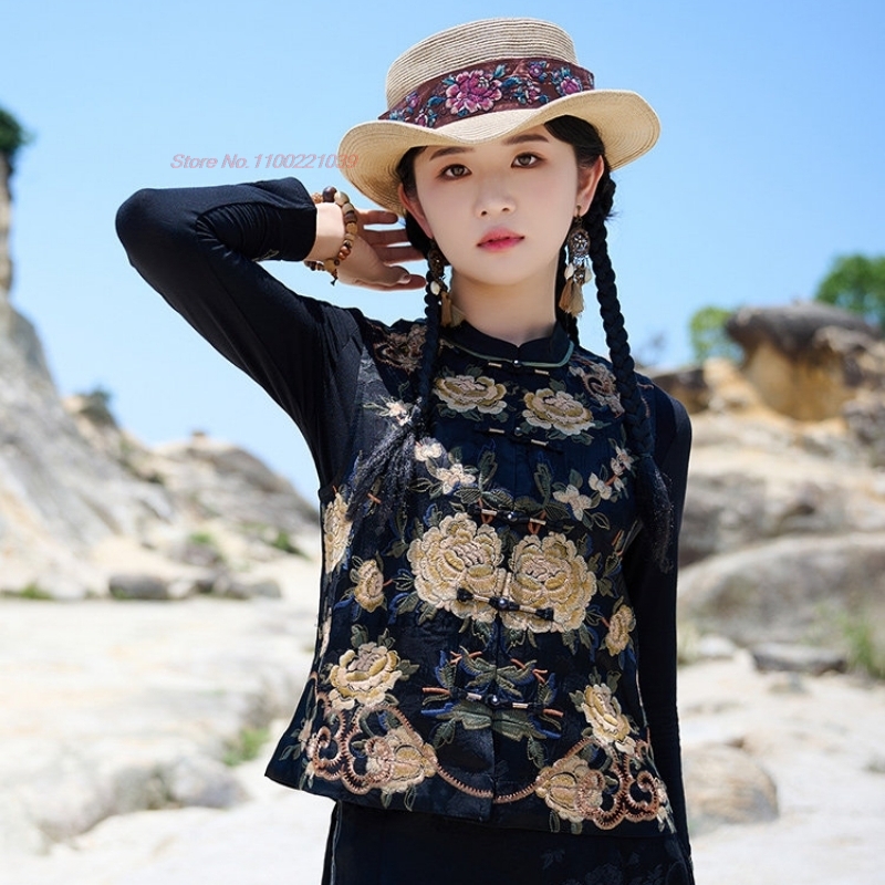 2026 중국 빈티지 민속 조끼 새틴 자카드 스탠드 칼 - Embroidery Cotton 리뷰 및 가격