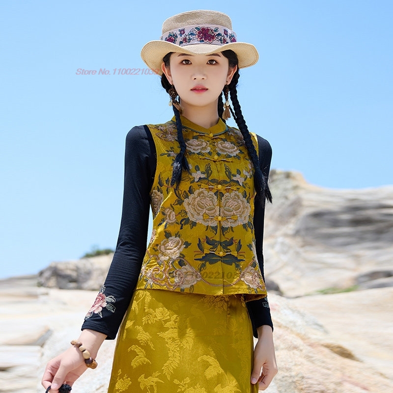 2026 중국 빈티지 민속 조끼 새틴 자카드 스탠드 칼 - Embroidery Cotton 리뷰 및 가격