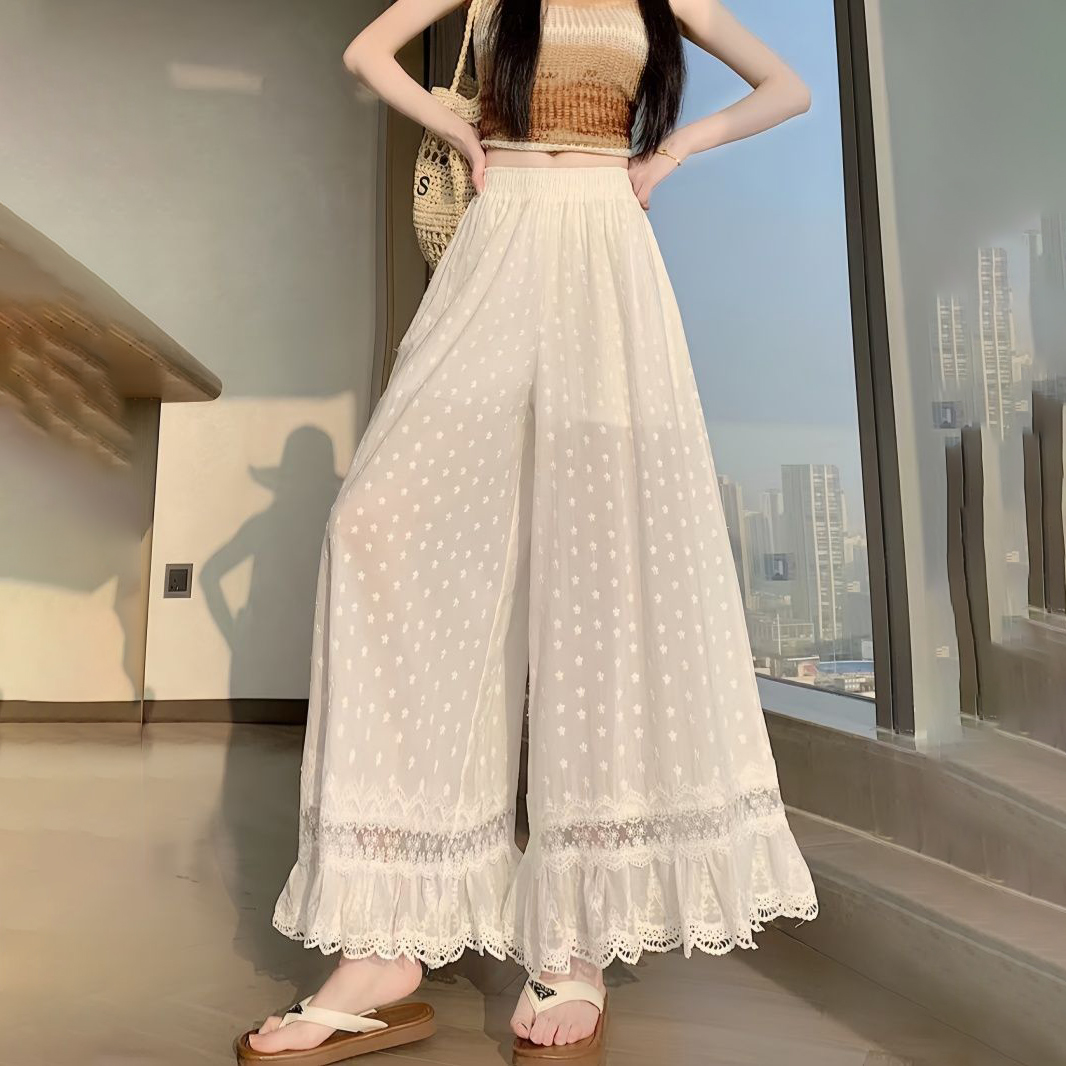 여성용 흰색 신축성 하이웨이스트 와이드 레그 팬츠 스타 - Embroidery Eyelet 리뷰 및 가격