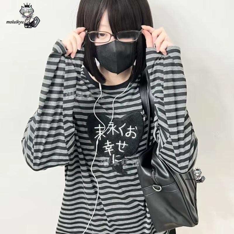 Y2K 아메리칸 펑크 빈티지 O 넥 긴팔 셔츠 올 매치 - Embroidery Cotton 리뷰 및 가격