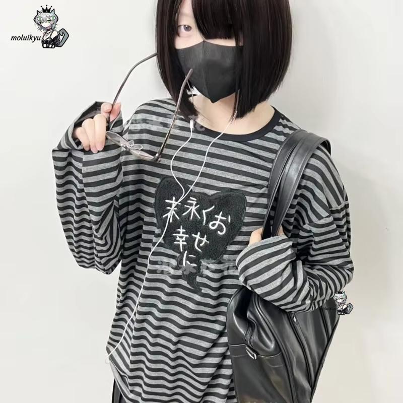 Y2K 아메리칸 펑크 빈티지 O 넥 긴팔 셔츠 올 매치 - Embroidery Cotton 리뷰 및 가격