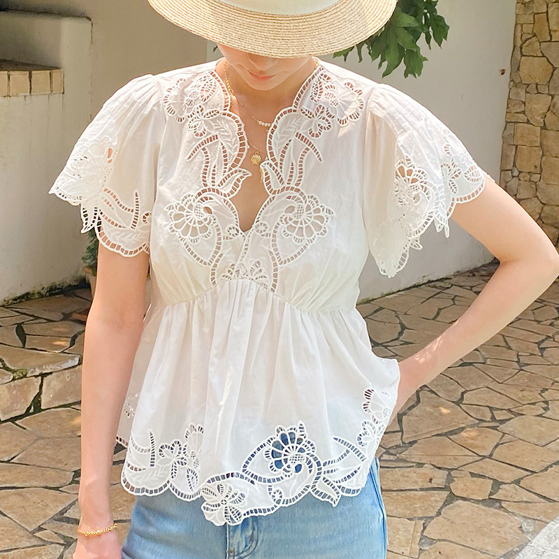 프랑스 스타일 꽃무늬 아일렛 자수 블라우스 셔츠 여성  - Embroidery Eyelet 리뷰 및 가격