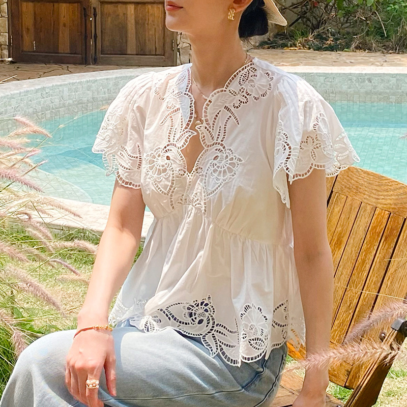 프랑스 스타일 꽃무늬 아일렛 자수 블라우스 셔츠 여성  - Embroidery Eyelet 리뷰 및 가격