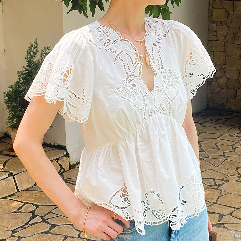 프랑스 스타일 꽃무늬 아일렛 자수 블라우스 셔츠 여성  - Embroidery Eyelet 리뷰 및 가격