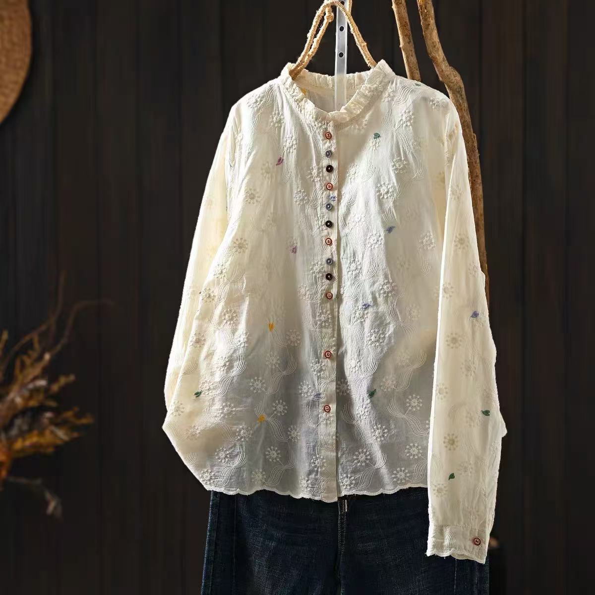 여성용 러플 스탠드 칼라 블라우스, 꽃무늬 아일렛 자수 - Embroidery Eyelet 리뷰 및 가격