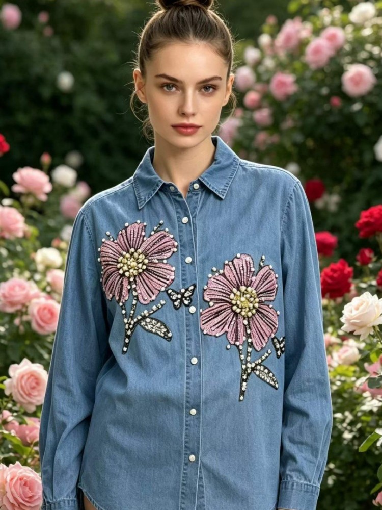 여성 데님 자수 블라우스 봄 가을 긴팔 여성 블라우스  - Embroidery Shirt 리뷰 및 가격