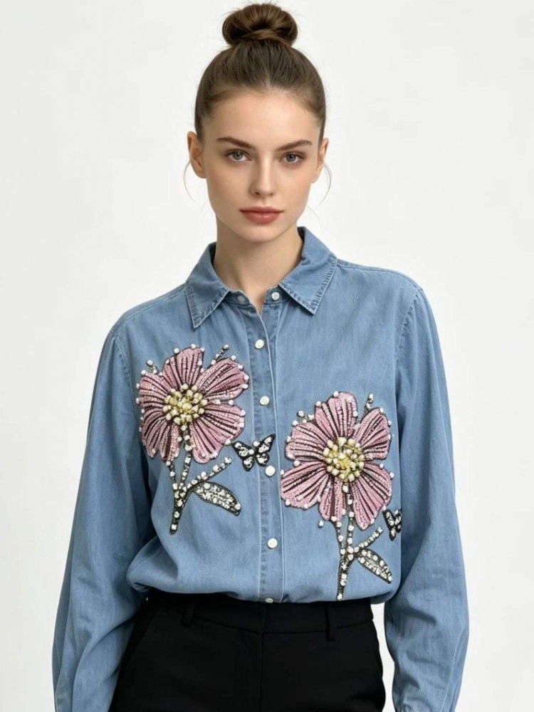 여성 데님 자수 블라우스 봄 가을 긴팔 여성 블라우스  - Embroidery Shirt 리뷰 및 가격