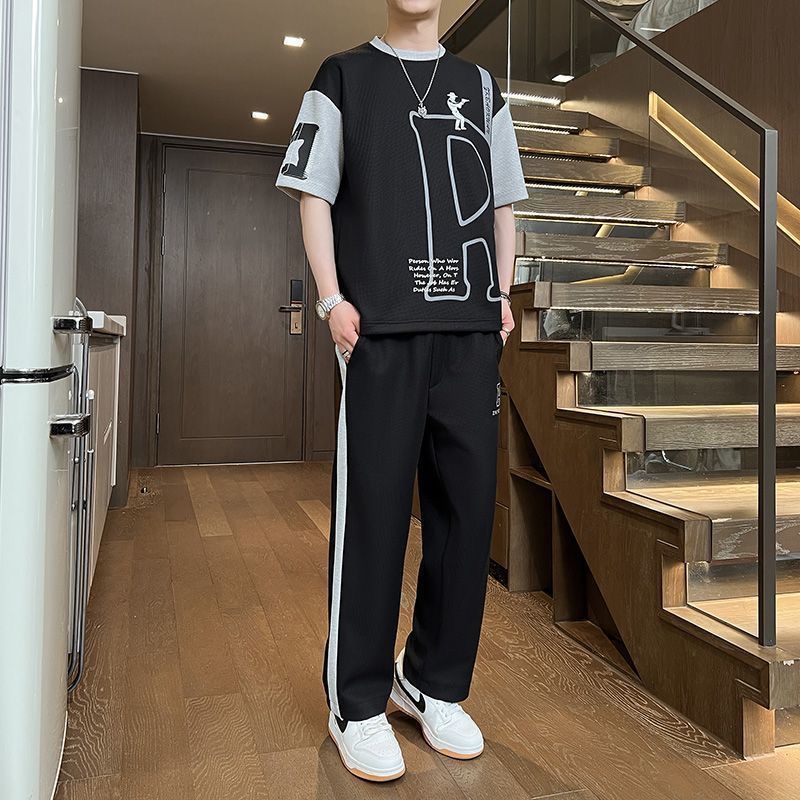 여름 패션 트렌디 프린트 반팔 티셔츠 스포츠 세트 남성 - Embroidery Shirt 리뷰 및 가격