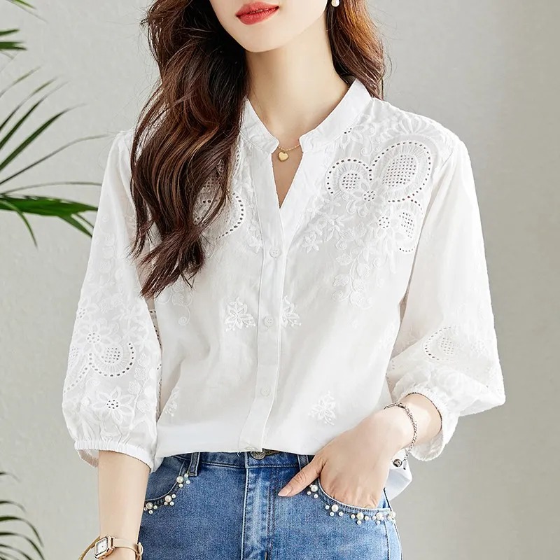 여성용 화이트 아일렛 자수 블라우스, 스탠드 칼라, 3 - Embroidery Eyelet 리뷰 및 가격