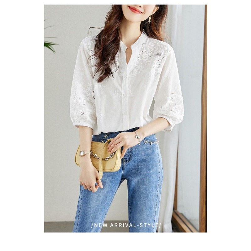 여성용 화이트 아일렛 자수 블라우스, 스탠드 칼라, 3 - Embroidery Eyelet 리뷰 및 가격