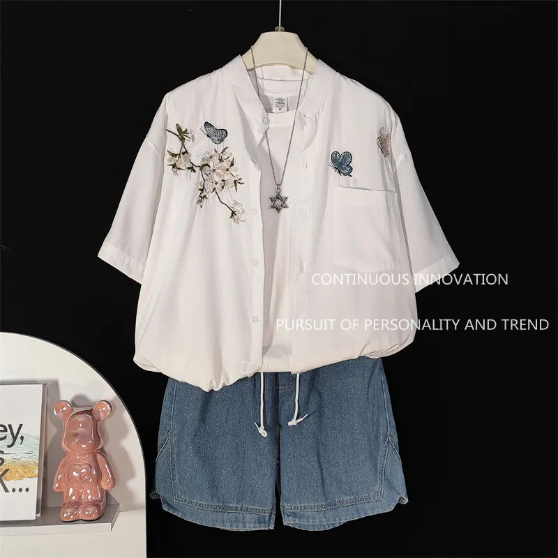 남성 3종 세트 중국풍 자수 반팔 셔츠 탱크탑 데님 반 - Embroidery Shirt 리뷰 및 가격