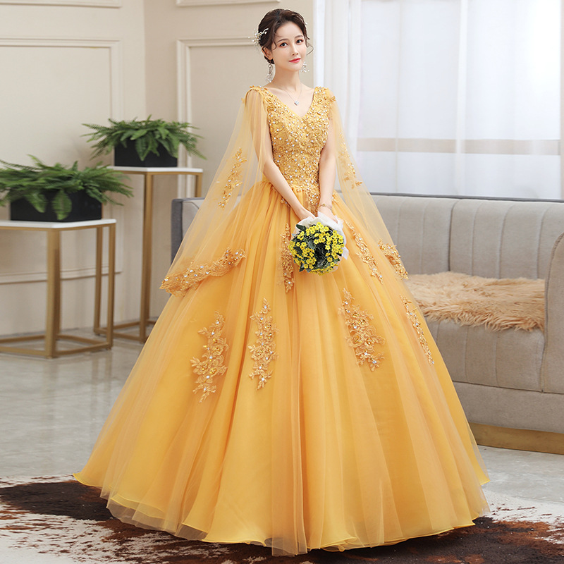 새로운 골드 자수 롱 퍼프 드레스 호스트 공연 졸업식  - Embroidery Gold 리뷰 및 가격